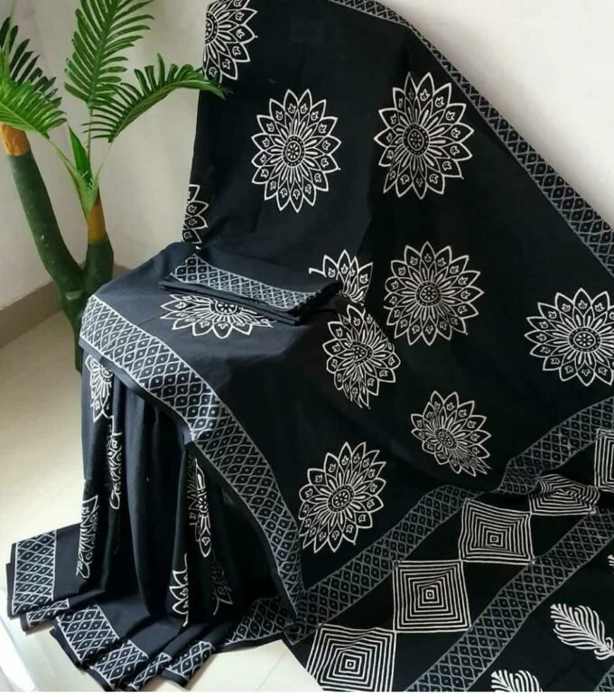 black saree Mul cotton saree with Big flower design