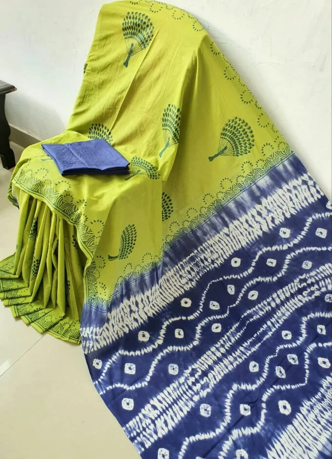 green and blue mul cotton saree
