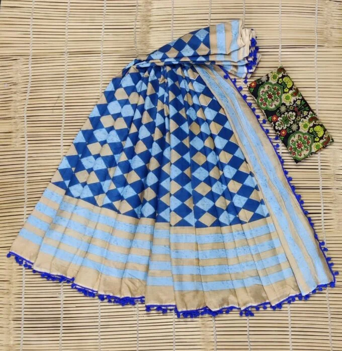 Blue Saree and Flower Print Blouse