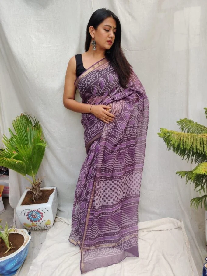 purple kota doria saree with handblock work