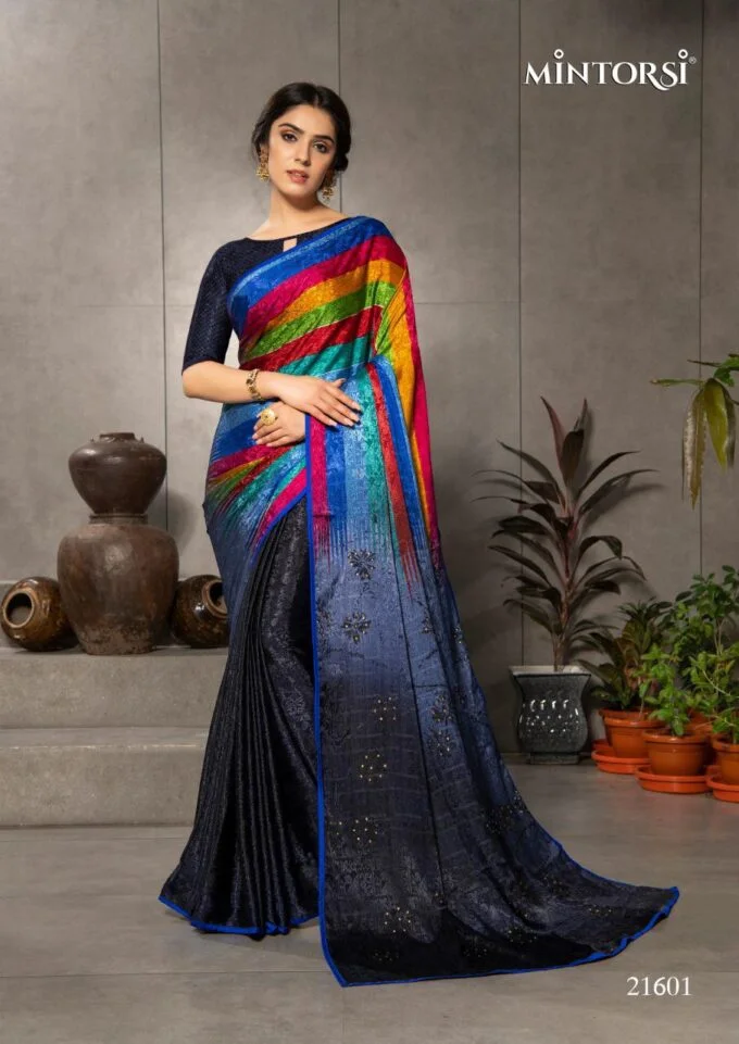 Rainbow mintosri saree crepe satin silk