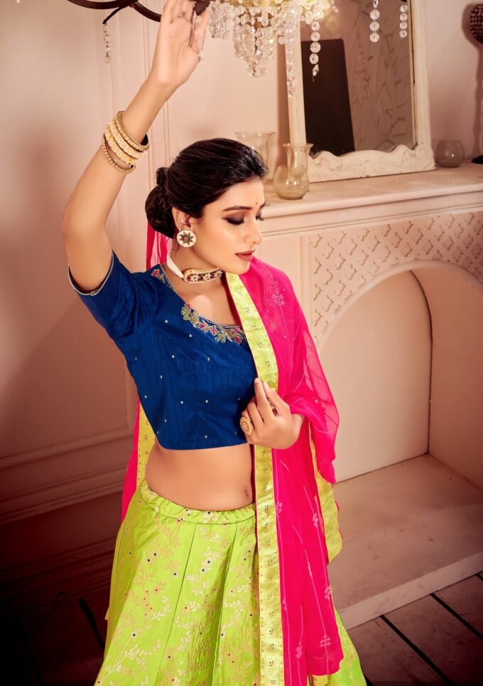 Green with Grey Stone, Thread and Zari work Semi Stitched Bridal Lehen –  Seasons Chennai