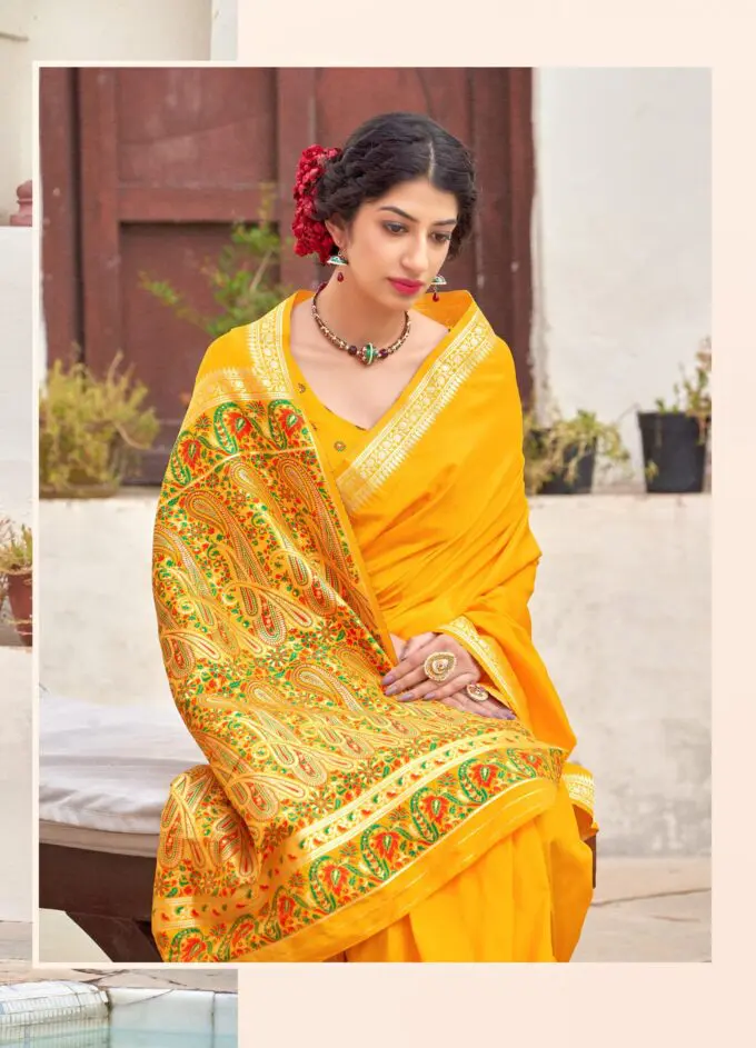 Tvis and Bliss. Yellow and Green Plain Bengal Cotton Saree with green border