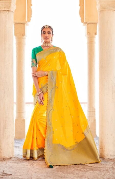 Yellow Saree with Green blouse