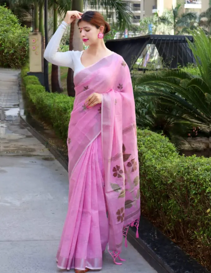 pink Pure linen and cotton yarn saree