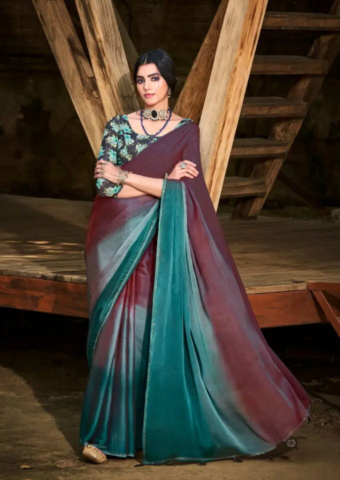 Dark Teal Velvet Chiffon Saree With Sequence blouse