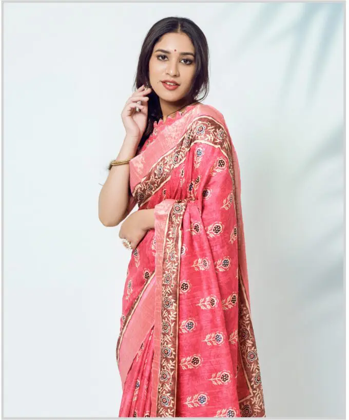 Pink Ajrakh Print Silk Saree