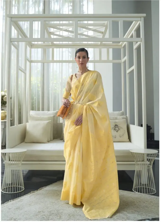 pastel yellow Lucknowi Saree