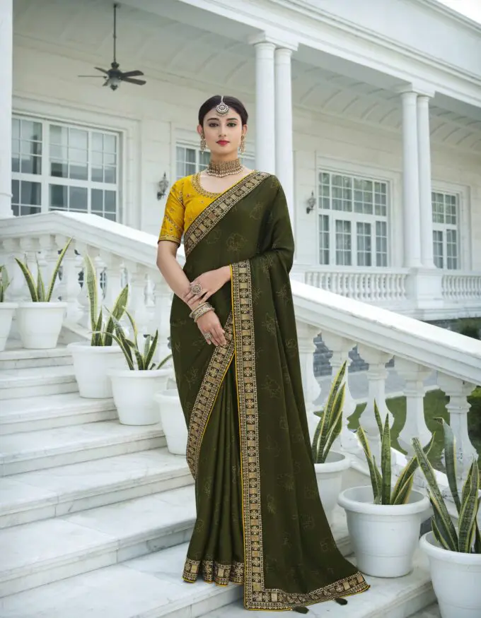 Forest Green Saree Yellow Blouse