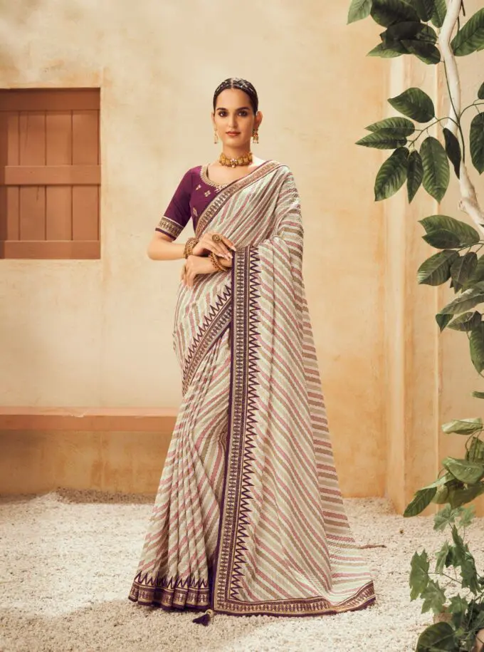 Digital Printed Chiffon Saree in Cream