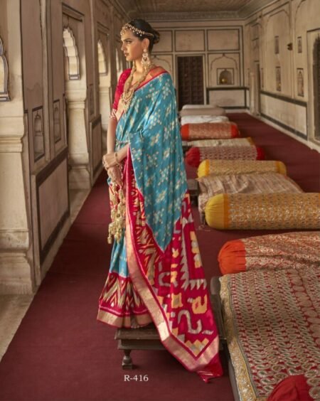 Blue and Red Patola Printed Silk Saree