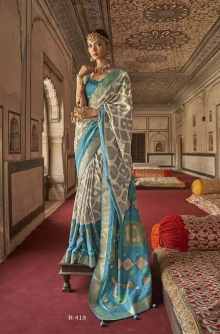 Cyan and Off White Patola Printed Wedding Silk Saree