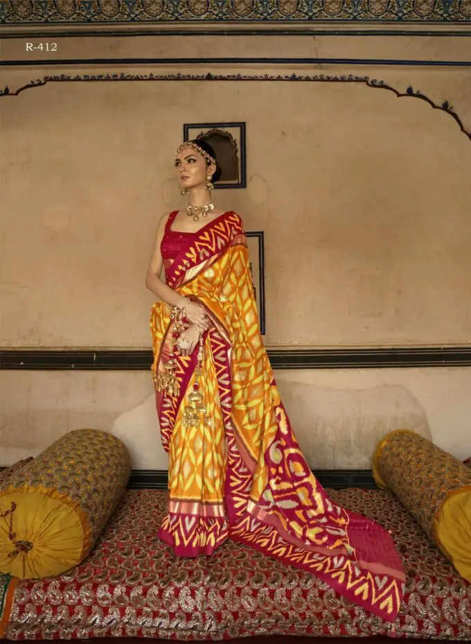 Handloom Yellow Mulberry Silk Patola Saree With Red Border Pallu –  WeaverStory