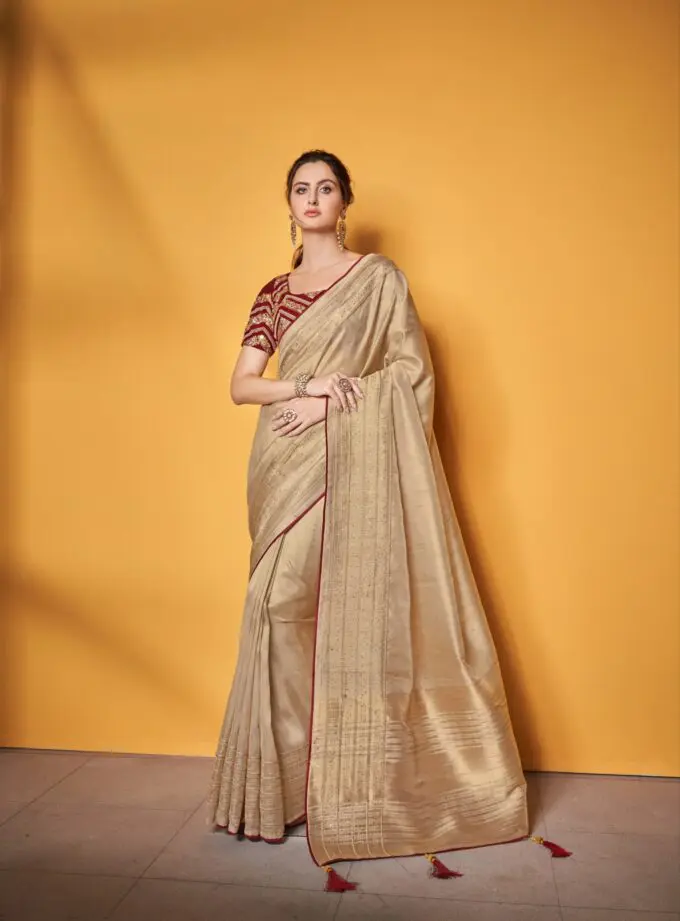 Golden Pure Tissue Saree based fancy fabric with double blouse
