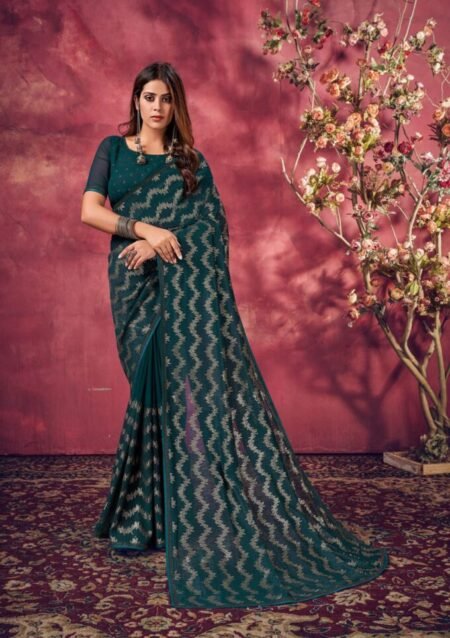 Dark green embroidered silk blend saree with blouse - Lilots - 2841322