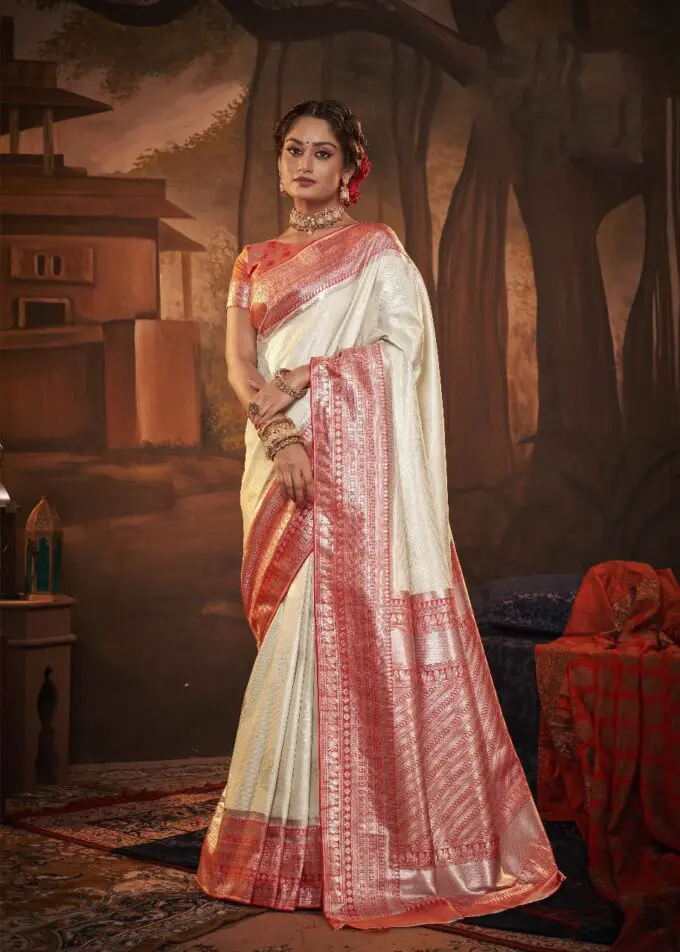 Half-Half Off-white Munga Silk & Pure Chinon Bandhani Gottapatti, Zardozi,  Resham Saree - ALBIS Online