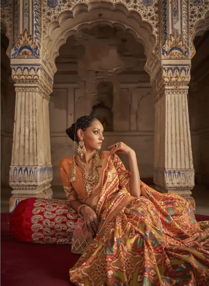 Tangerine Color Patola Cotton Silk Saree