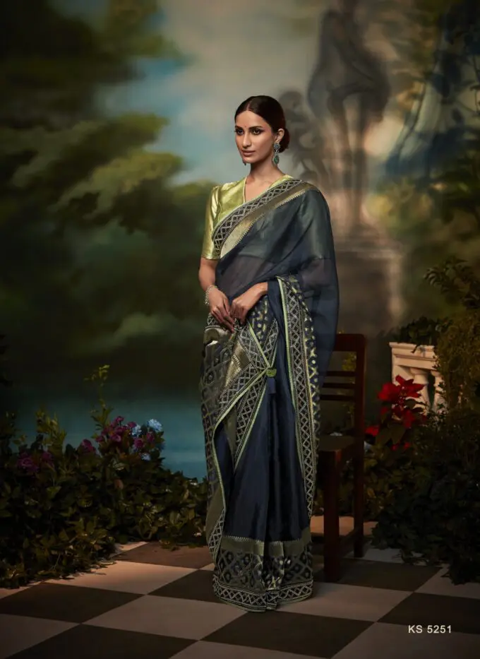 Lure Yourself in with a Navy-Blue Zari Weaving Organza Silk Saree and Blouse