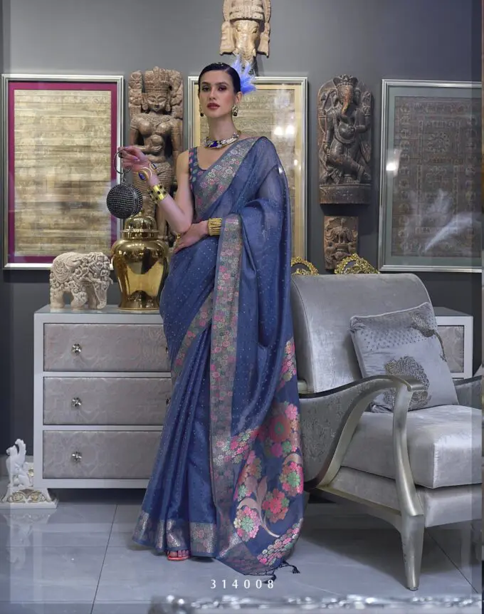 Blue Tone Handloom Weaving Organza Saree with Floral Pallu