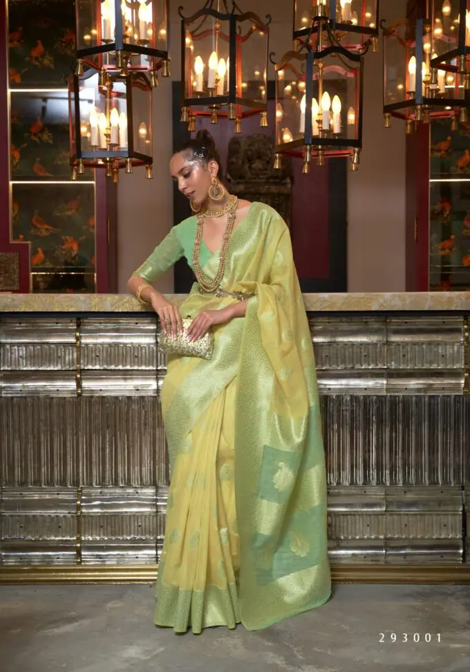 Yellow Linen Saree with Green Blouse and Pallu