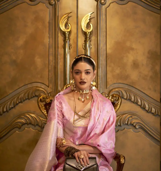Empowering Pink Pure Satin Handloom Weaving Sari