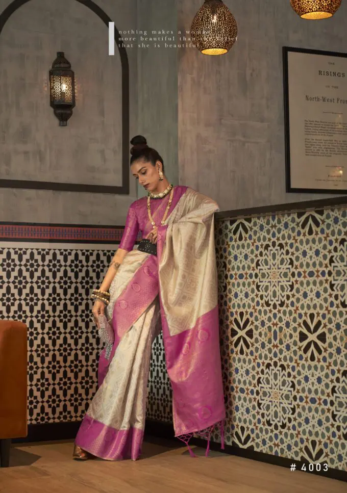 Pink-White Zari Weaving Silk Saree with Blouse