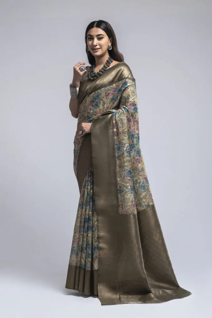 Brown Soft Silk Saree with Kalamkari Digital Print