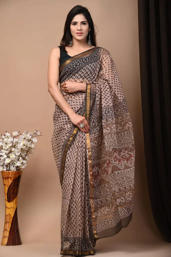 Off White Kota Doria Saree with Golden Border