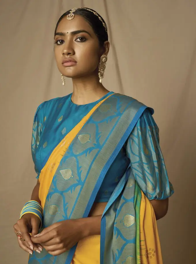 Yellow Soft Brasso Silk Saree with Cyan Blue Blouse