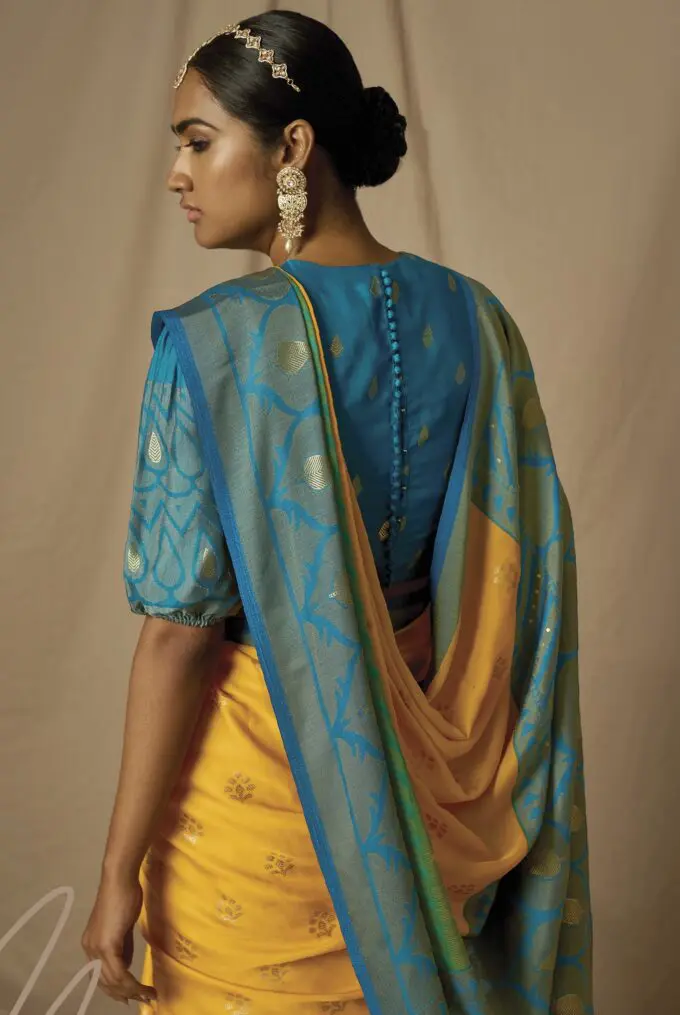 Buy Wedding Saree | Yellow And Blue Traditional Silk Saree At Hatkay