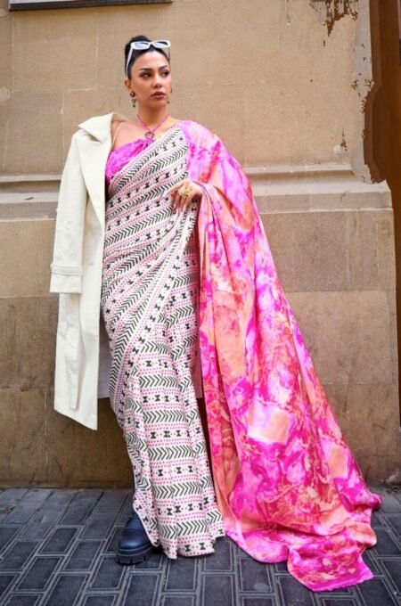 pink and White Double Design Saree