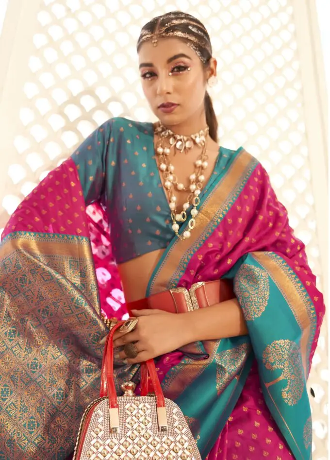 Blue Blouse Pink Saree Soft Banarasi Paithani with Copper Zari Weaving