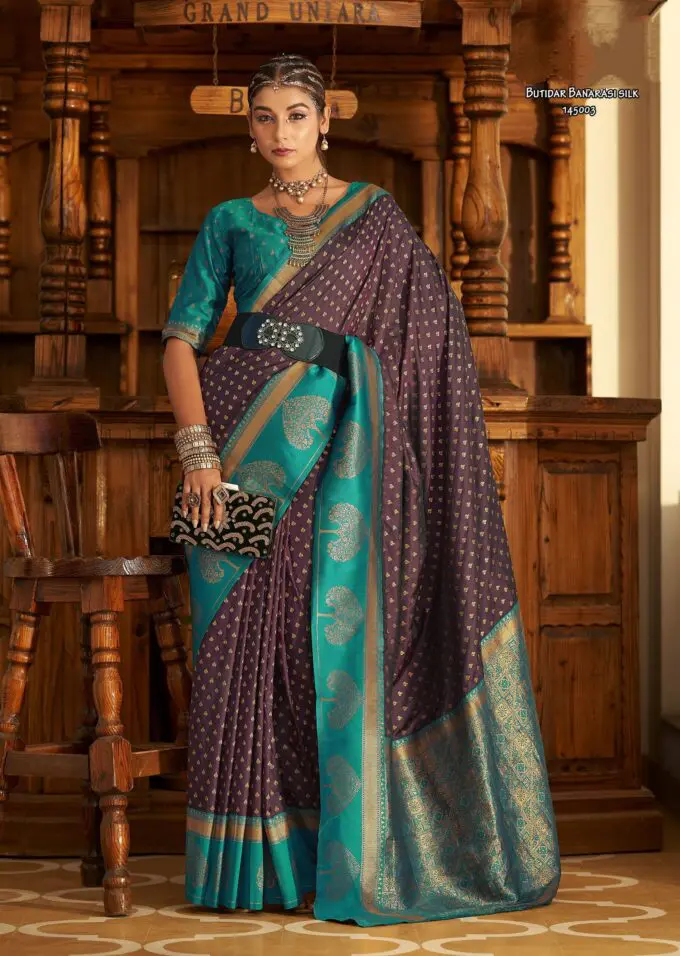 Purple Saree Green Blouse Soft Banarasi Paithani with Copper Zari Weaving