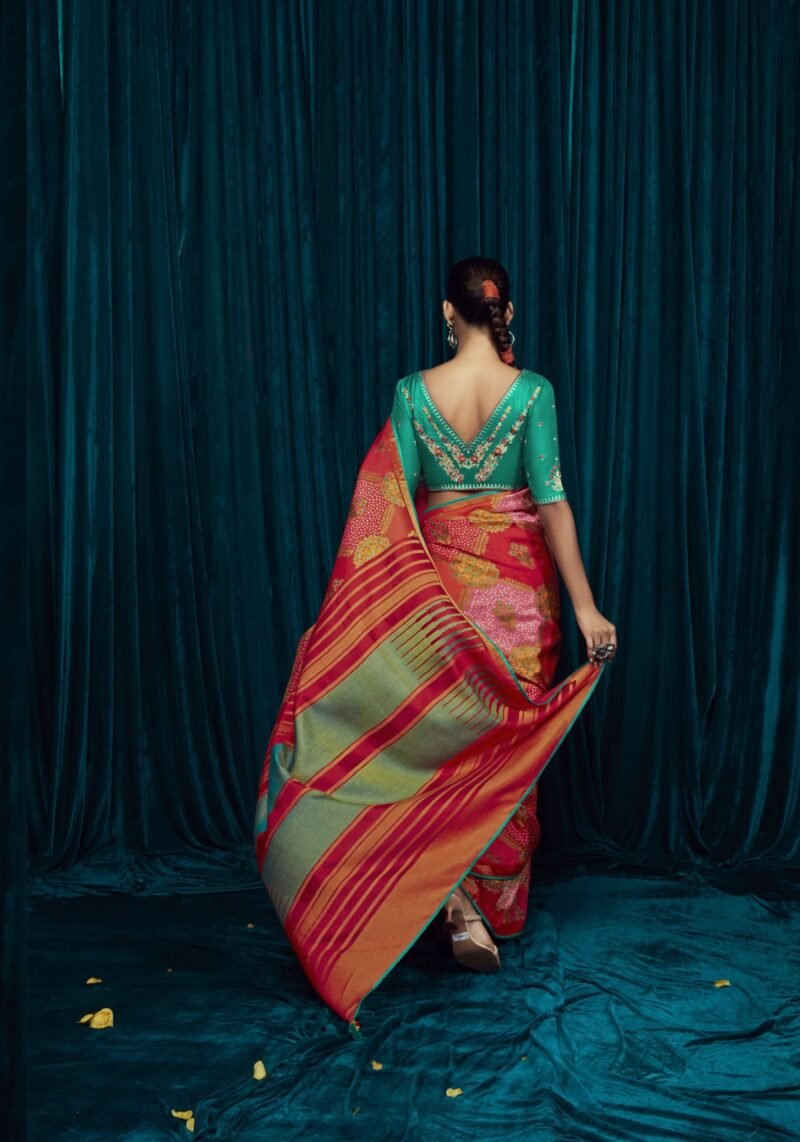 Elegant Red Soft Brasso Silk Saree with Green Designer Blouse