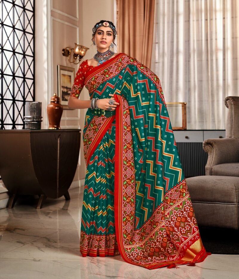 Dark Green Tusser Patola Saree with Red Blouse