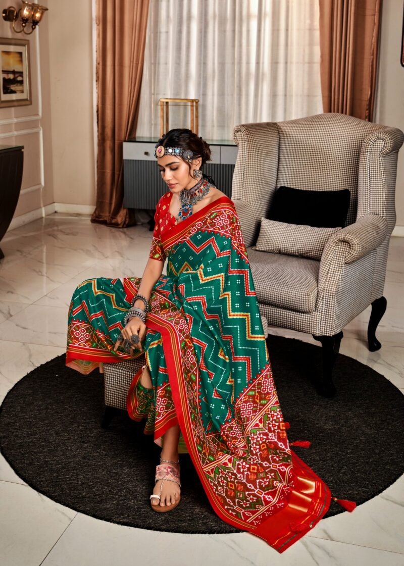 Dark Green Tusser Patola Saree with Red Blouse