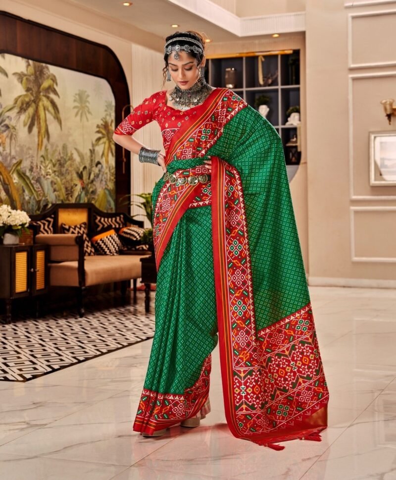 Green Tusser Patola Saree with Red Blouse and Patola Print