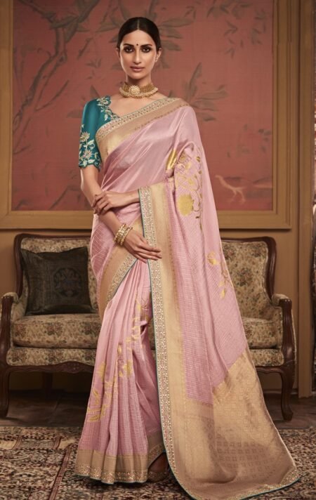 Pink Dola Silk Saree with Zari Weaving Work and Green Blouse