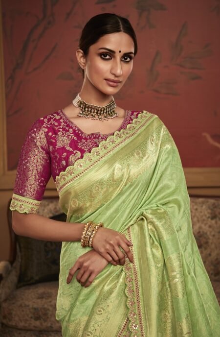 Light Green Dola Silk Saree with Zari Weaving Work and Red Blouse