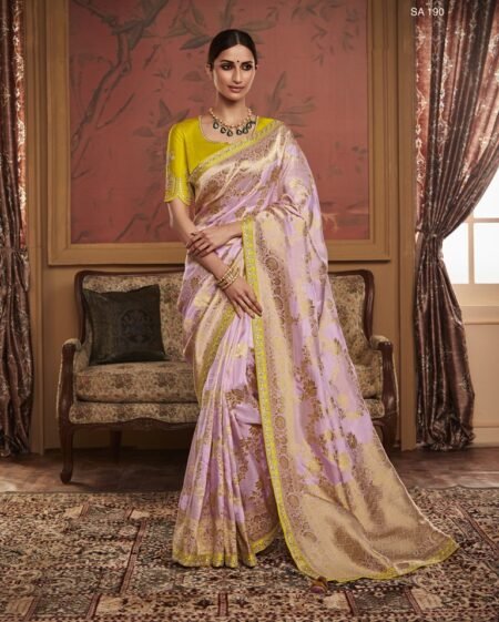 Lavish Lavender Zari Weaving Dola Silk Saree with yellow Blouse
