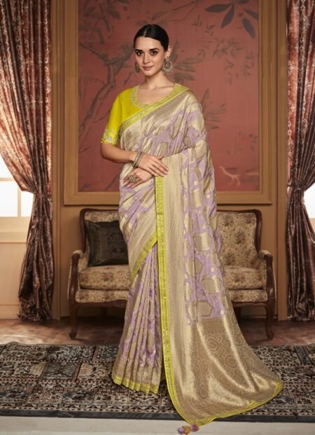 Lavender Zari Weaving Dola Silk Party Wear Saree with Blouse