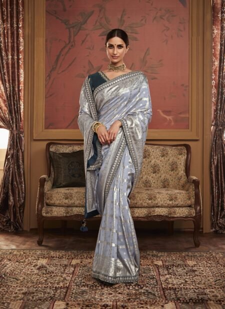 Grey Dola Silk Saree with Zari Weaving Work and Blue Blouse