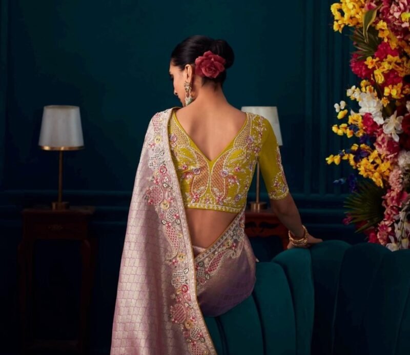 Pink Tissue Silk Saree with Pearl Embroidery and Yellow Blouse RawaazFashion