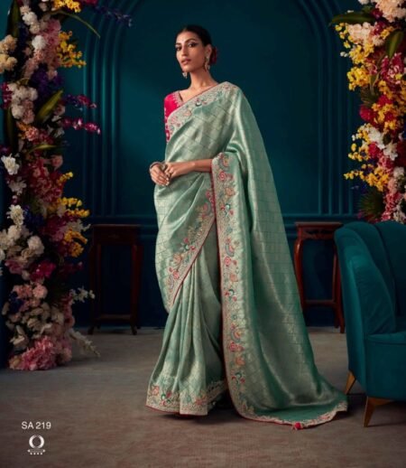 Green Silk Saree with Pearl Embroidery and Red Blouse