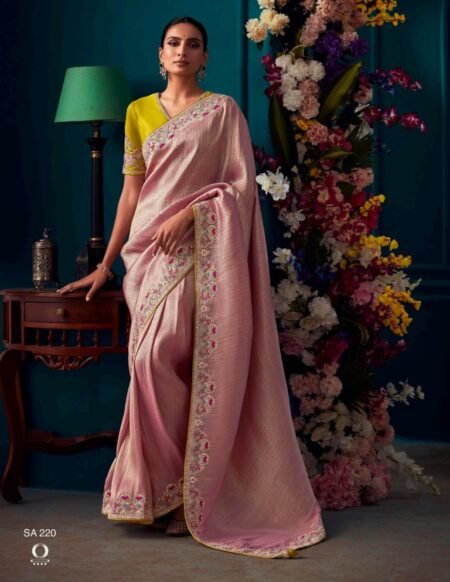 Pink Silk Saree with Pearl Embroidery and Yellow Blouse