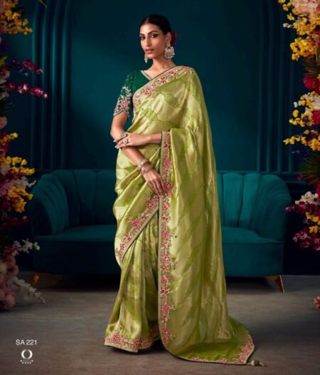 Green Silk Saree with Pearl Embroidery and Dark Green Blouse