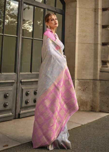 Embrace Sophistication in Light Grey Weave Saree with Flirty Pink Accents