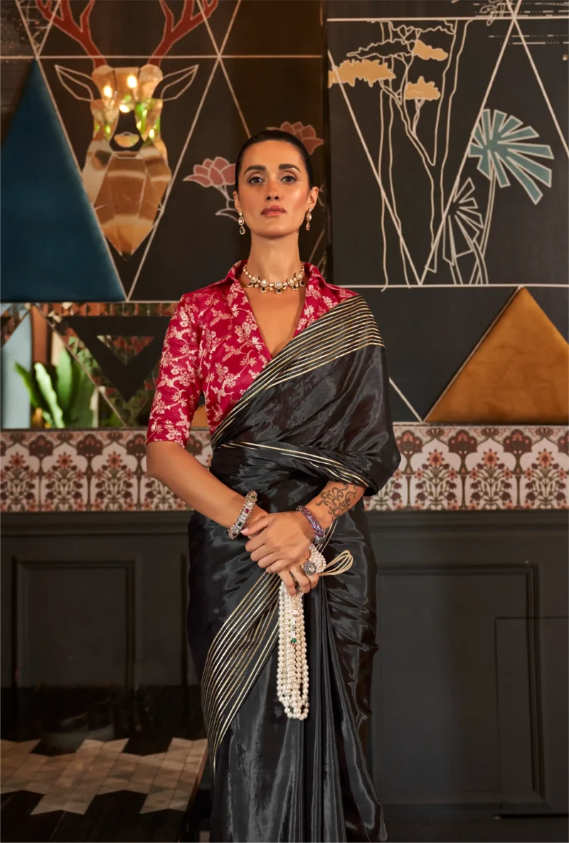 Exquisite Black Weaving Silk Saree with Contrasting Pink Art Silk Blouse