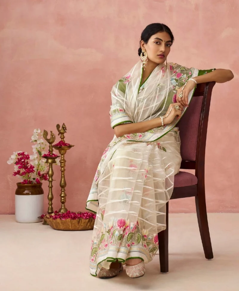 Cream Brasso Organza Festival Saree