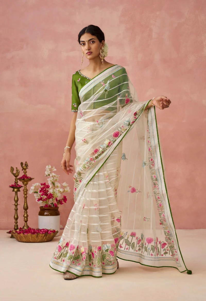 Cream Brasso Organza Festival Saree